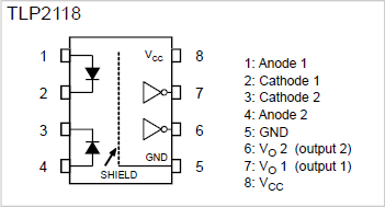 The illustration of Connection diagram of Compact High-Speed Logic IC Coupler: TLP2118.